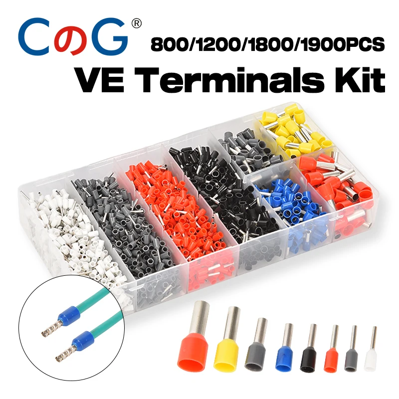 800/1200/1800/1900PCS Wire Ferrules Kit AWG22-7 Wire Crimp Pin Terminals VE Terminals Kit Ferrule Connectors Assortment