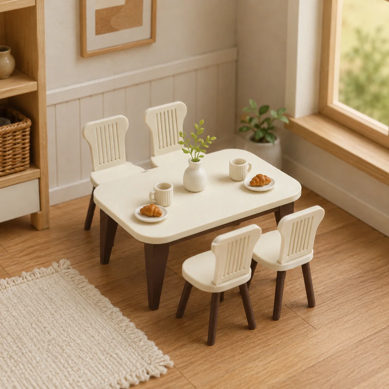 Dollhouse Furniture 1:12 Scale Miniature Nordic Modern Style Four-Person Dining Table and Chair Set, Pla Material, Not Made of Wood Simple Design Suitable for Dollhouse Dining Room and Kitchen Scene Setup, Includes a Dining Table and Four Chairs. The Chair Back Needs to Be Installed Manually, and Can Be Reinforced with Glue. Ideal for Collecting Miniature Furniture, Dollhouse Scene Decorations, and Miniature Home Decor.