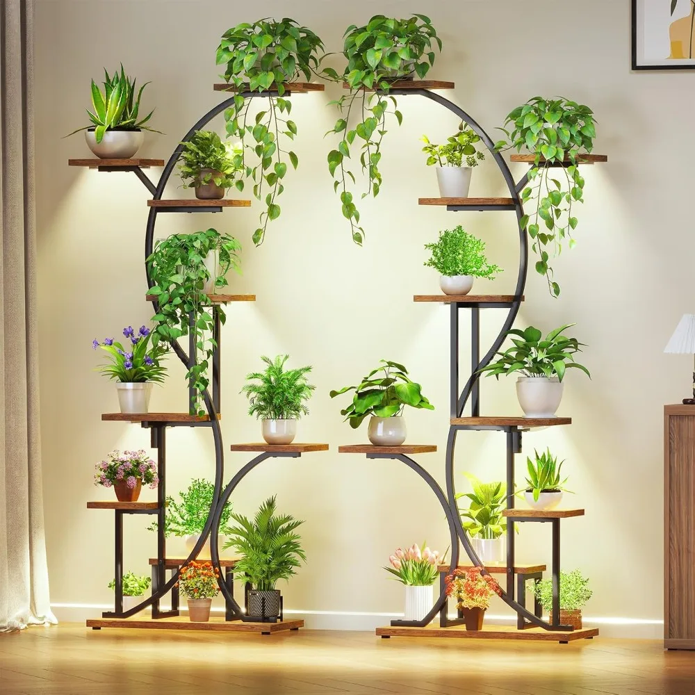 

plant stand indoor with grow lights - 9-tier corner plants shelf, 66" tall metal plant holder, multi-level display