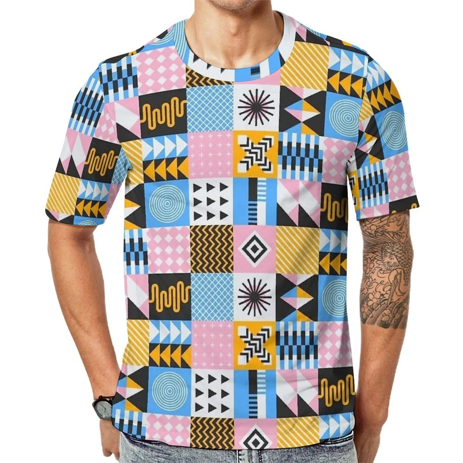Geometric Aesthetic Black White Yellow Blue T-Shirt Man  Graphic O Neck T-Shirts Summer Trendy Clothing Basic Big Size Tee Shirt