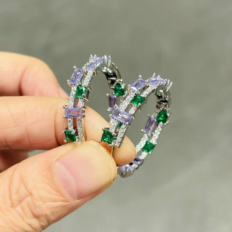 Bilincolor Green and Purple Cubic Zirconia Hoop Earrings for Women