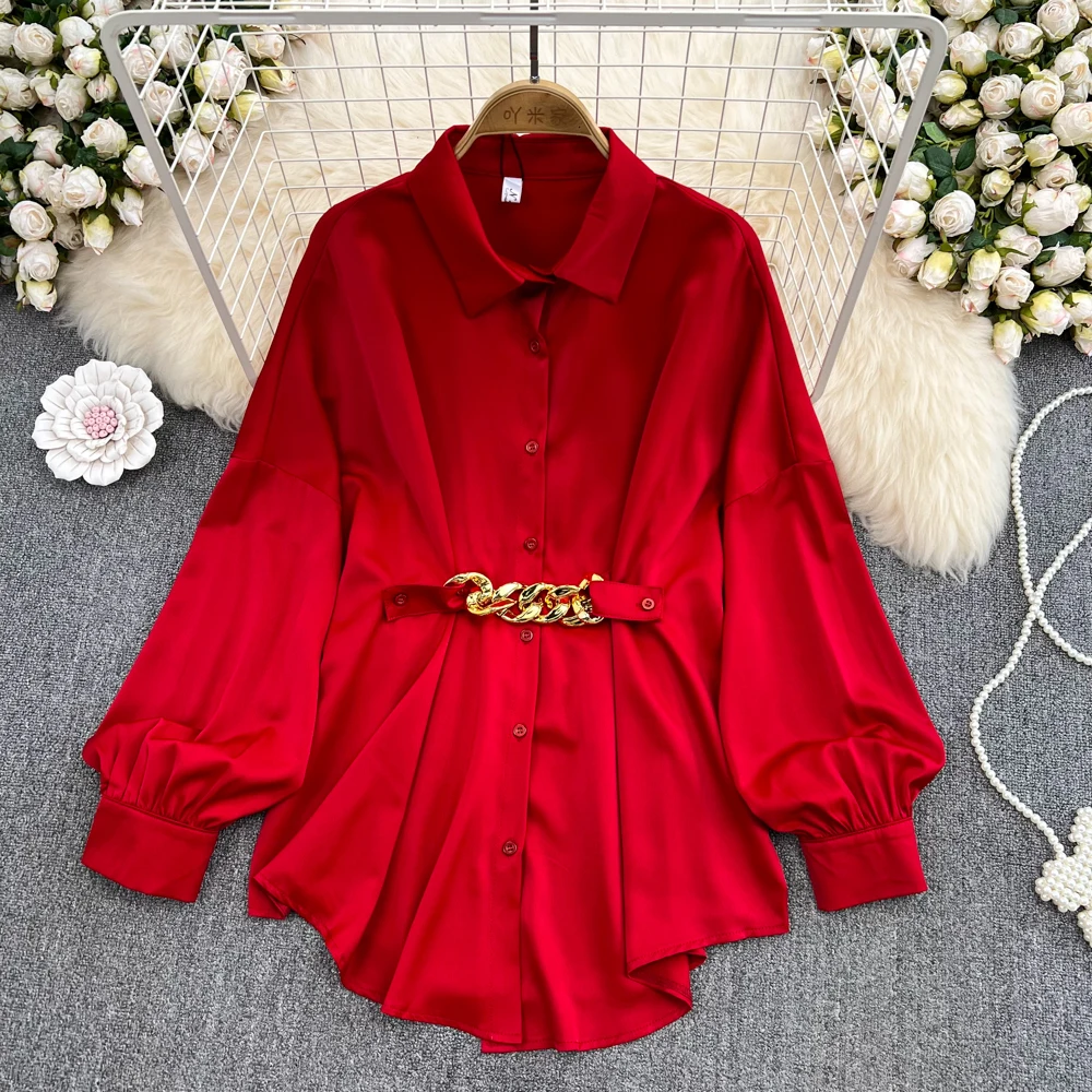 Spring Women Blouses Lantern Sleeve Turn-Down Collar With Belt Female Shirts Vintage Elegant Temperament Ladies Mid-Length Tops