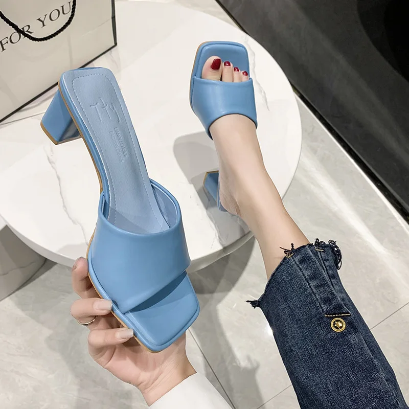 2023 Summer Candy Color Thick High Heel Slippers Sexy Woman Square Toe Sandals Party Peep Toe Dress Shoes Chanclas Mujer Playa