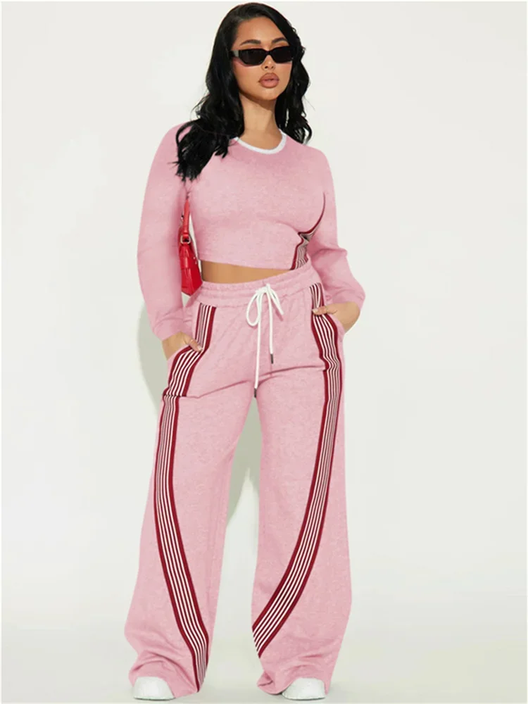 Casual Fashion 2 Piece Set Woman o-Neck Full Sleeve Crop Tops+Contrast Stripe Drawstring Long Pant Daily Sporty Style Suit
