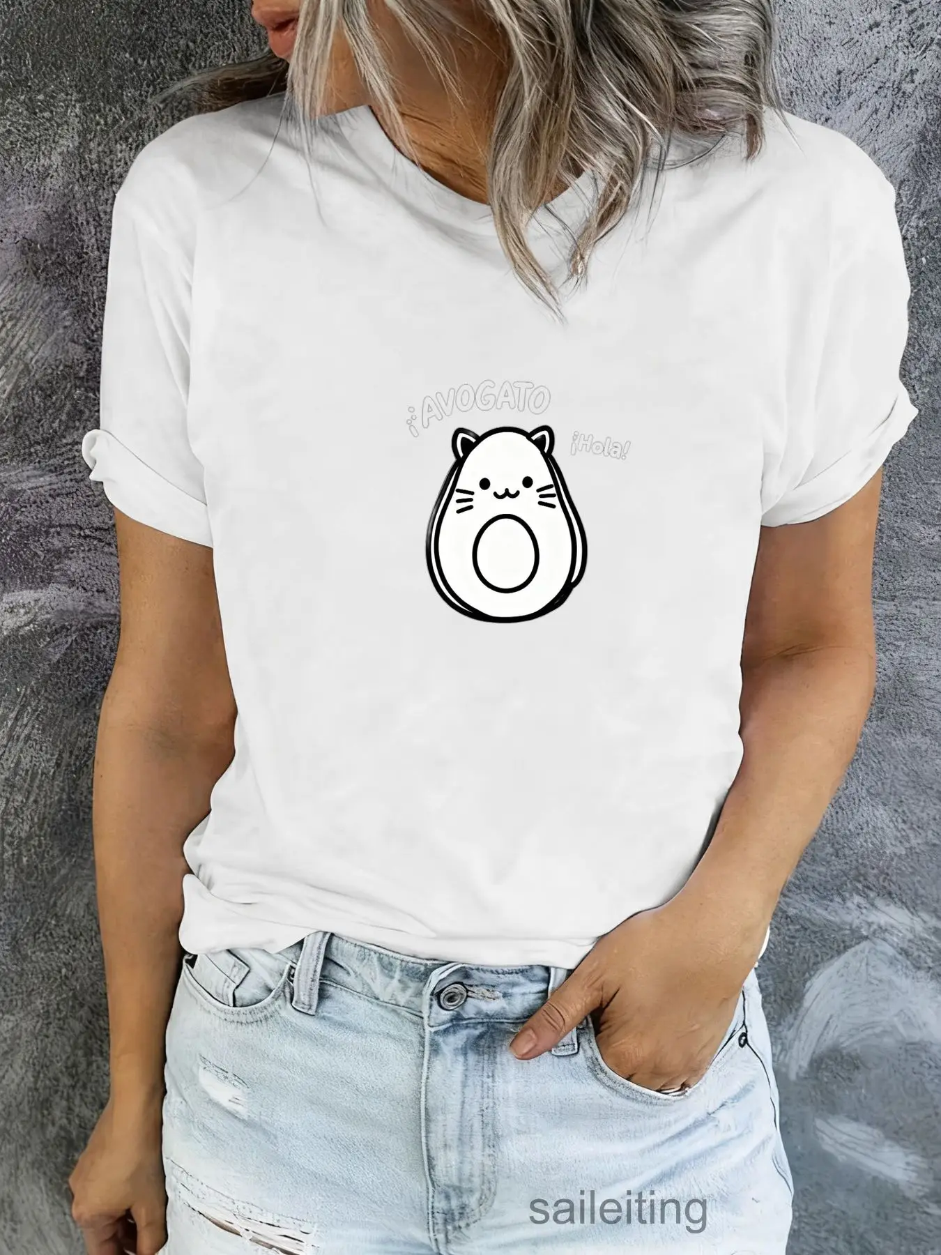 Fancy Cat Avocado T-Shirt Women Men Cute Cartoon Graphic Tee Short Sleeve Summer Casual Soft Breathable Top Gift for Friends