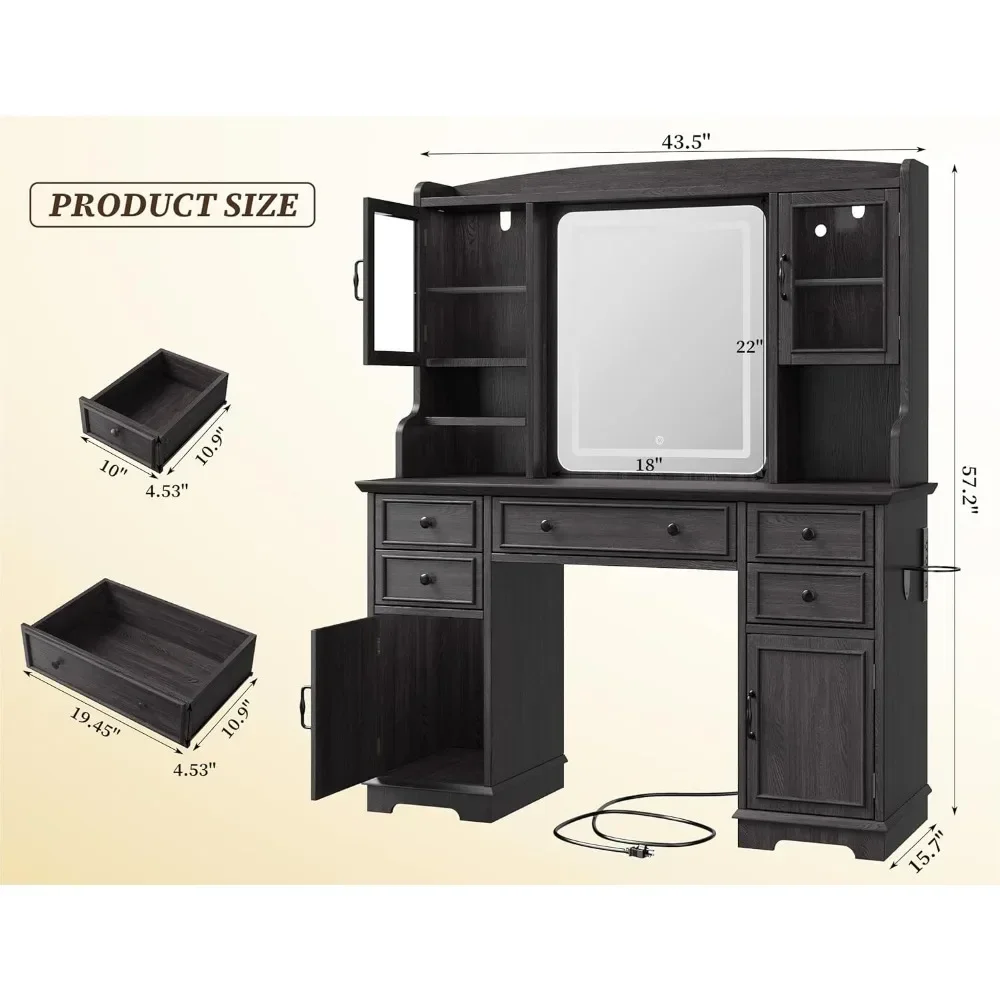 Vanity Desk with Mirror and Lights, Makeup Table Set with RGB Cabinets, 5 Drawers and 6 Storage Shelves Dressing Table image 4