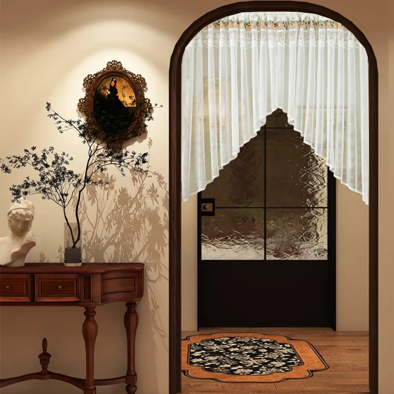 

Retro American Country Lace Door Curtain ort Curtain Triangular Decorative Curtain No Punching Arched Door Window Curtain A...