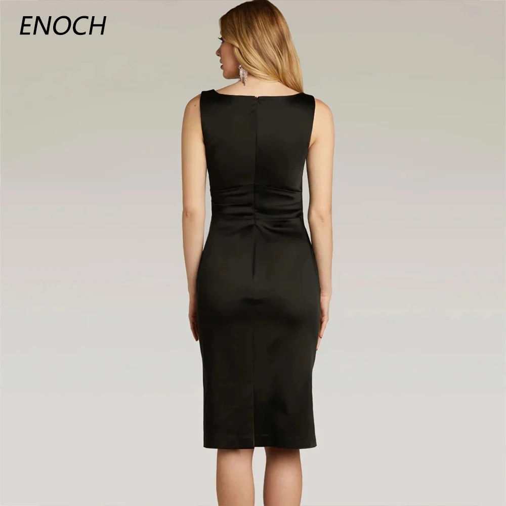 ENOCH Simple Sheath Evening Dresses V-Neck Sleeveless Backless Zipper Prom Formal Gown Pleat Knee Length Vestidos De Gala New