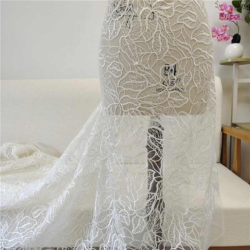 New High-Grade Off-White Mesh Embroidery Lace Fabric Leaves Sequins Curtain Clothing Material Handmade DIY