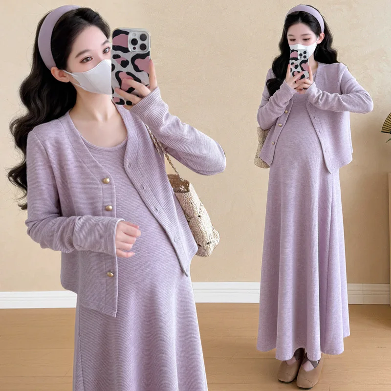 Elegante na moda vestido de maternidade conjunto para mulheres grávidas moda waffle malha duas peças roupa elegante outono gravidez wear