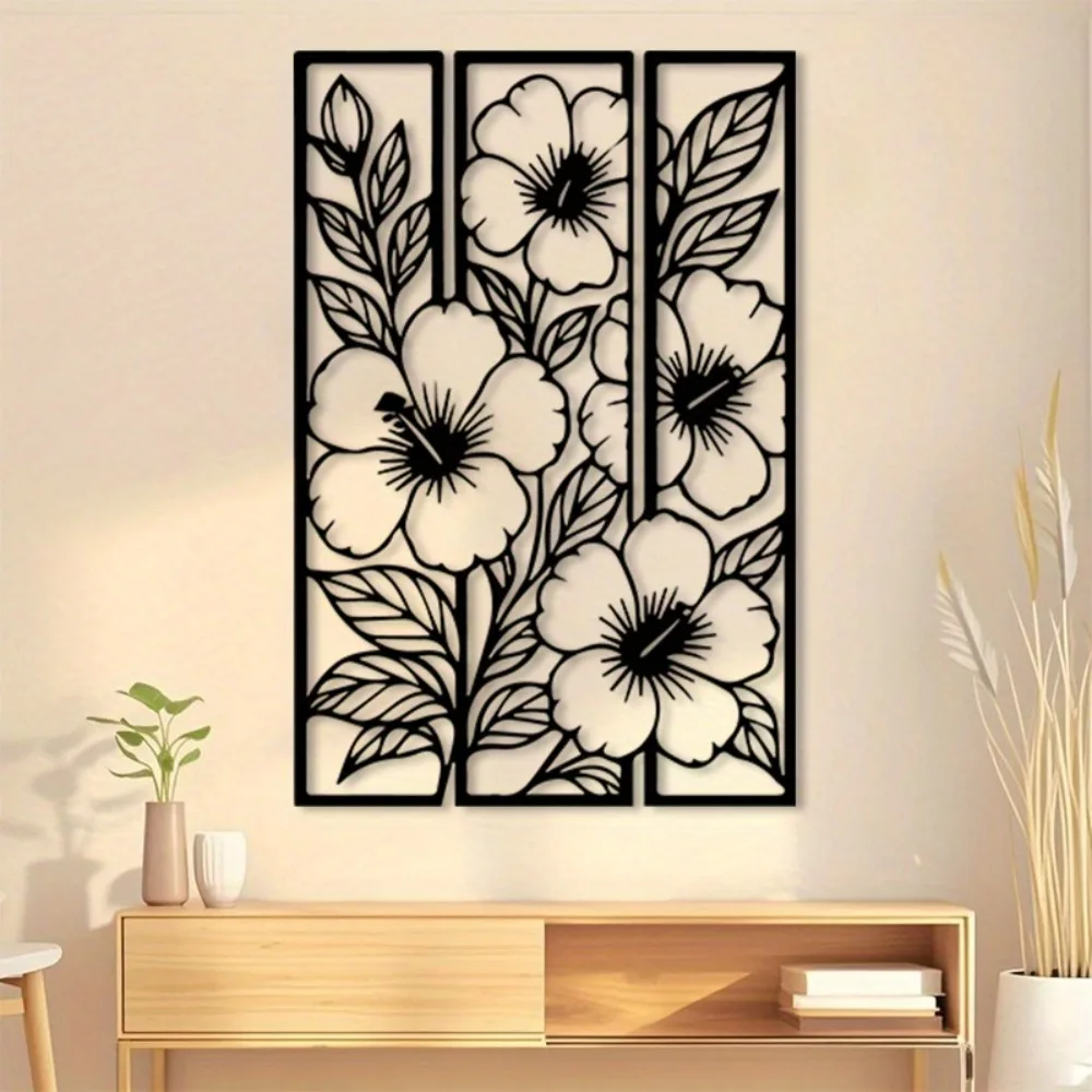 Mattschwarze Metall-Wanddekoration mit Blumenmotiv, 3D-Ausgeschnittenes Dekor, Moderner Farmhouse-Industriestil für Küche, Wohnzimmer, Schlafzimmer