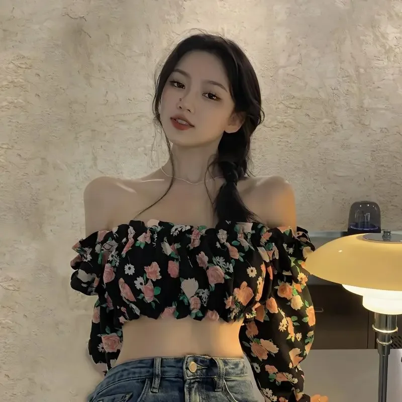 Bloemen Slash Hals Blouses Vrouwen Vintage Crop Tops Franse Stijl Slanke Nieuwkomers Mode Hotsweet Temperament Ulzzang Tender Ins