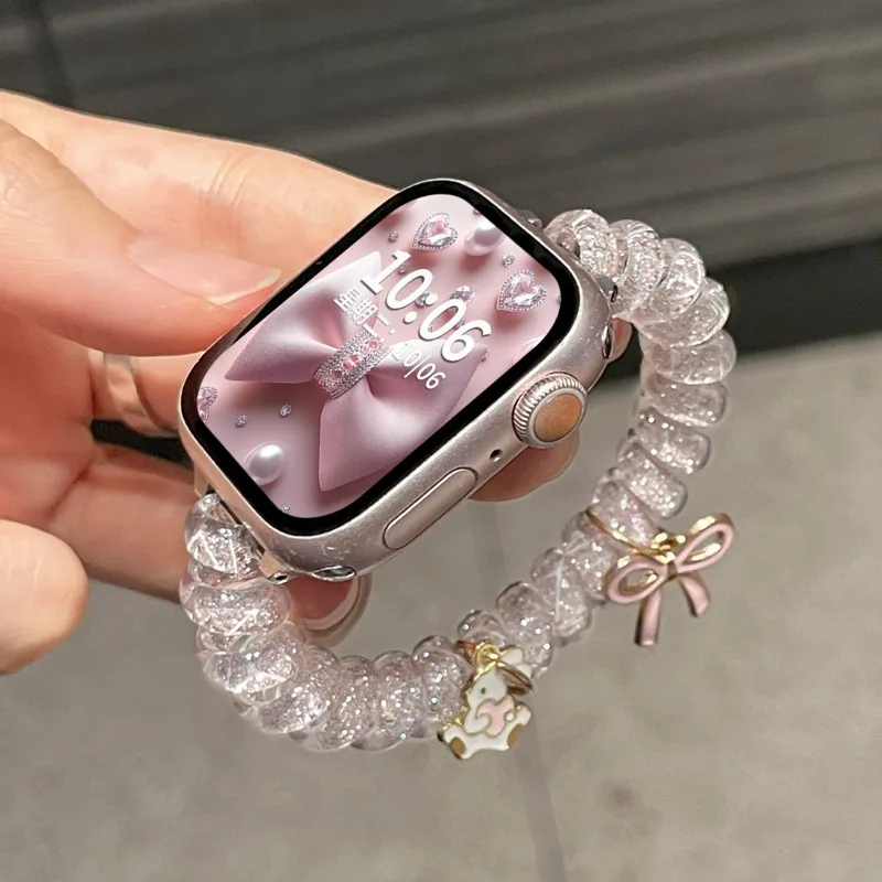 Transparent Pink Elastic Strap for Apple Watch Band 45mm 41 44 40 49 38 46 42mm Telephone Coil Bracelet IWatch 12 11 10 9 8 7 6