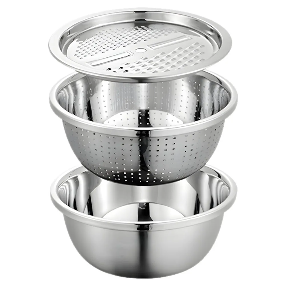 

Stainless Steel Colander Set 3 In 1 Vegetable Grater Drain Basin Multifunctional Kitchen Strainer Salad Fruit Washing Rice
