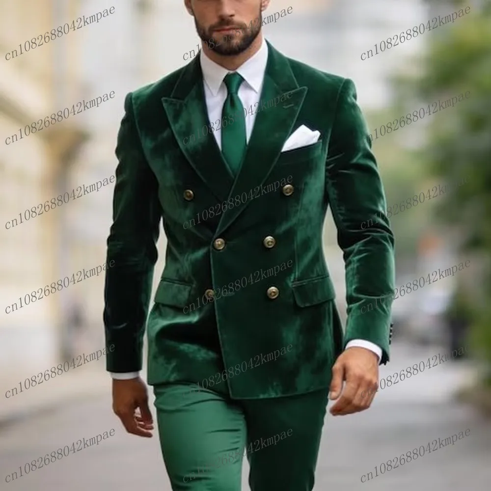 

New Green Velvet Men Suit Formal Business Groom Groomsman Wedding Party Prom Male Tuxedos 2 Piece Set Blazer Pants