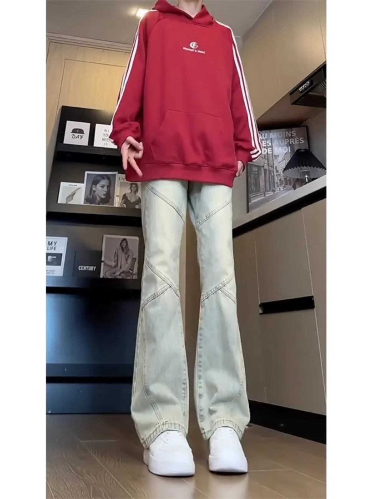 

American Style Deconstructed Patchwork Jeans Men's High Street Vibe Yellow Mud Loose Straight Leg Casual Long Trousers