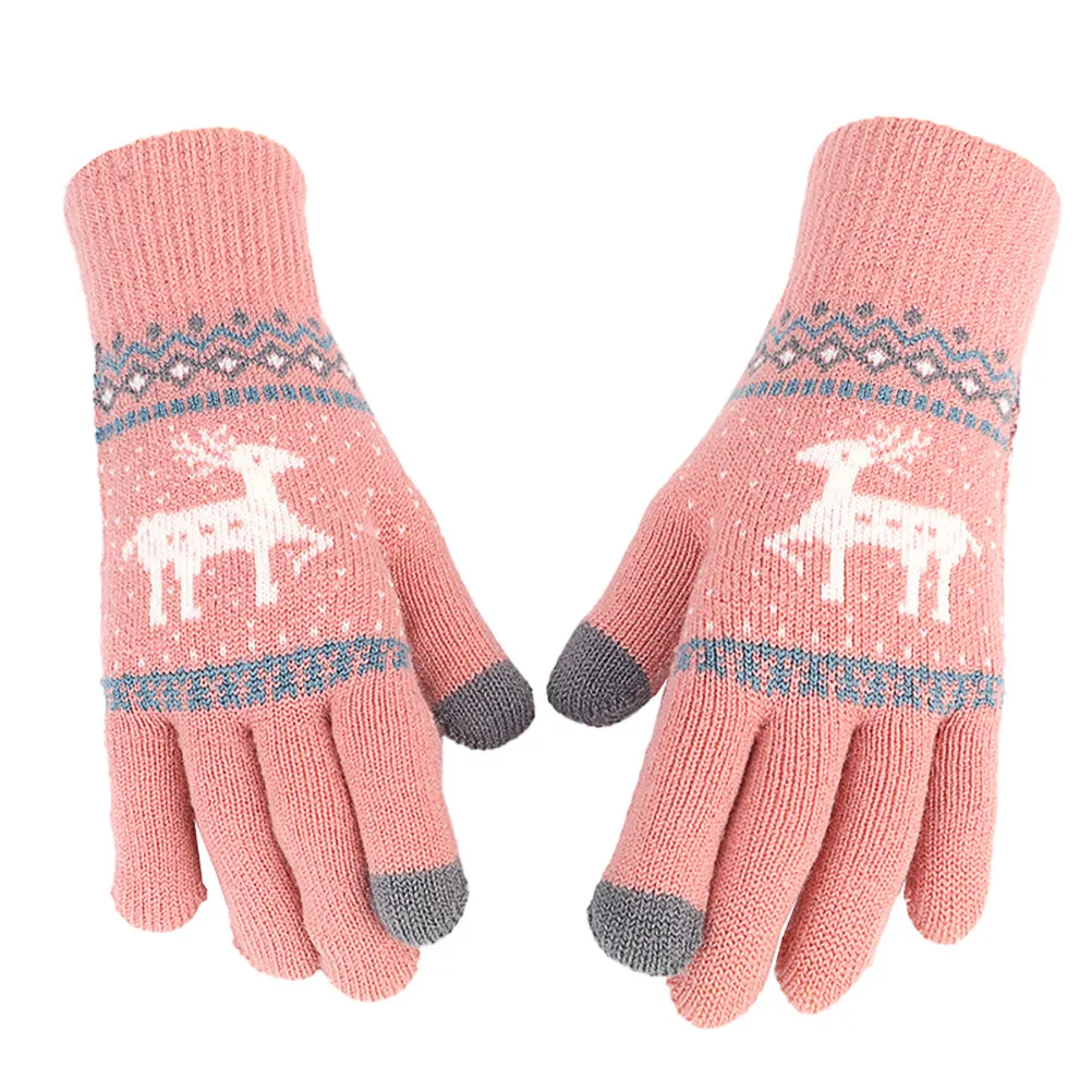 1Pair Touchscreen Winter Gloves Women Warm Knitted Full Finger Gloves Christmas Themed Jacquard Design Cold Weather Workout
