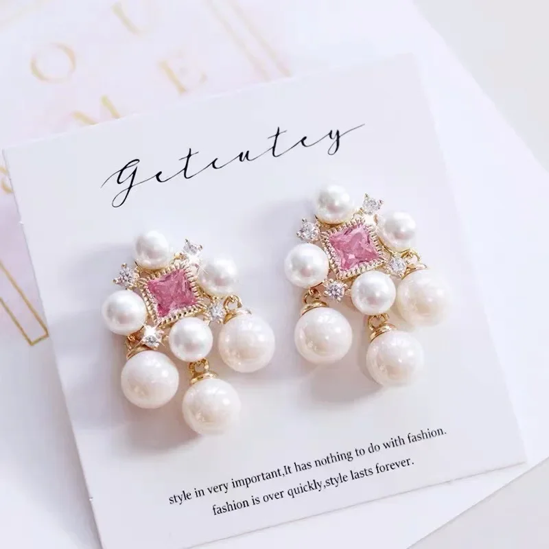Pearl Stud Earrings Freshwater pearls 925 Sterling Silver Square Pink Simulated Diamond Earrings for Women Jewelry lovely Gift