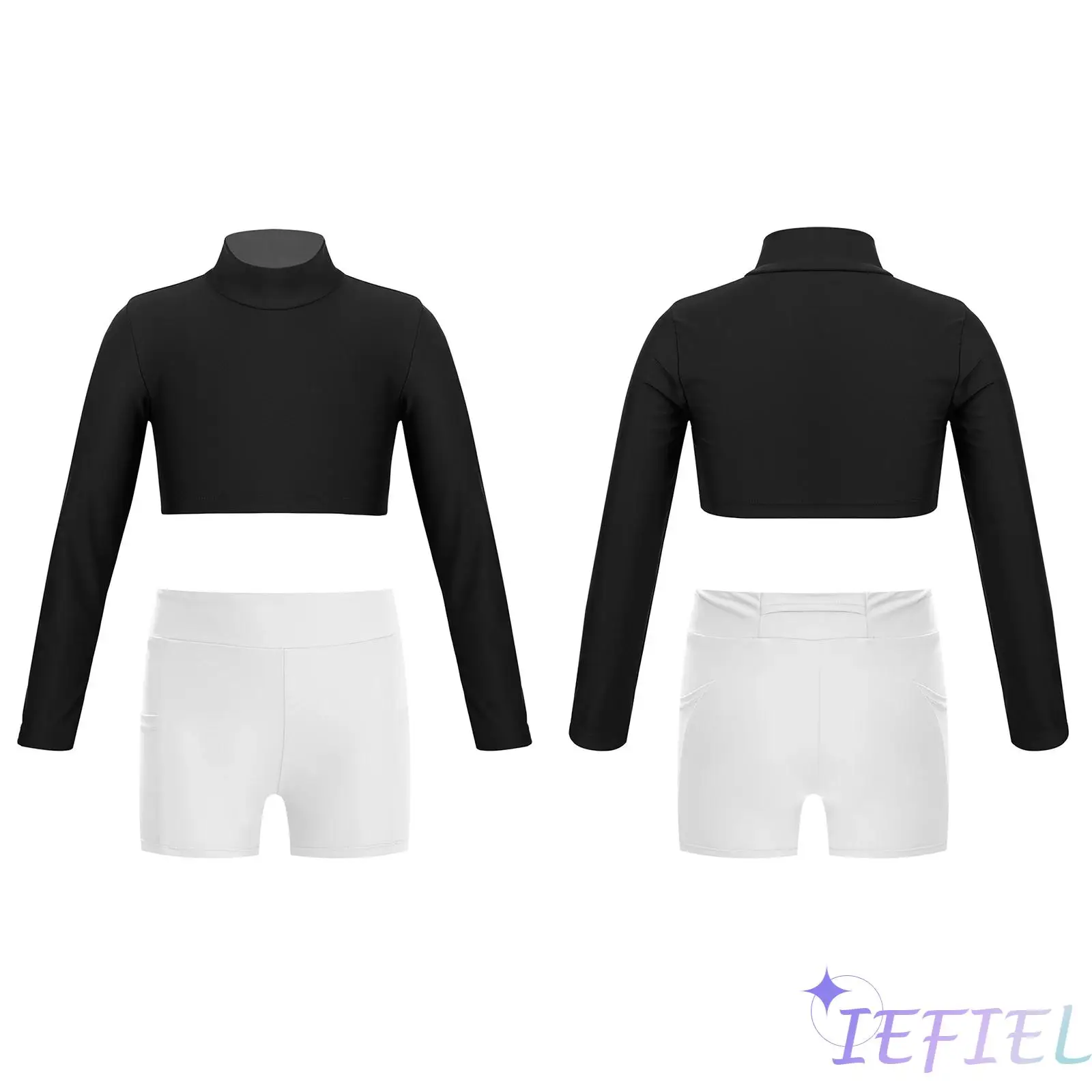 

Girls Dance Outfits Solid Long Sleeve Hip-hop Crop Top+High Waist Shorts for Jazz Dance Figure Skating Workout Stage Performance