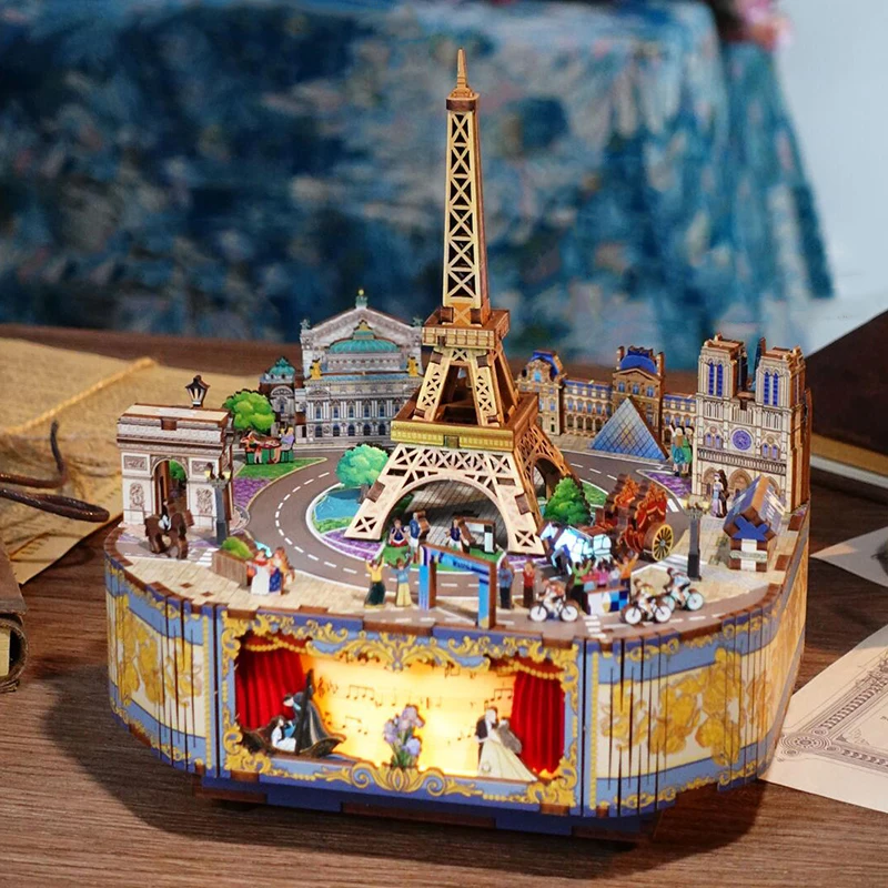 DIY 3D Wooden Music Box Miniature Model Kits Paris Street View Eiffel Tower Jigsaw Puzzles With Light Can Move for Friends Gifts