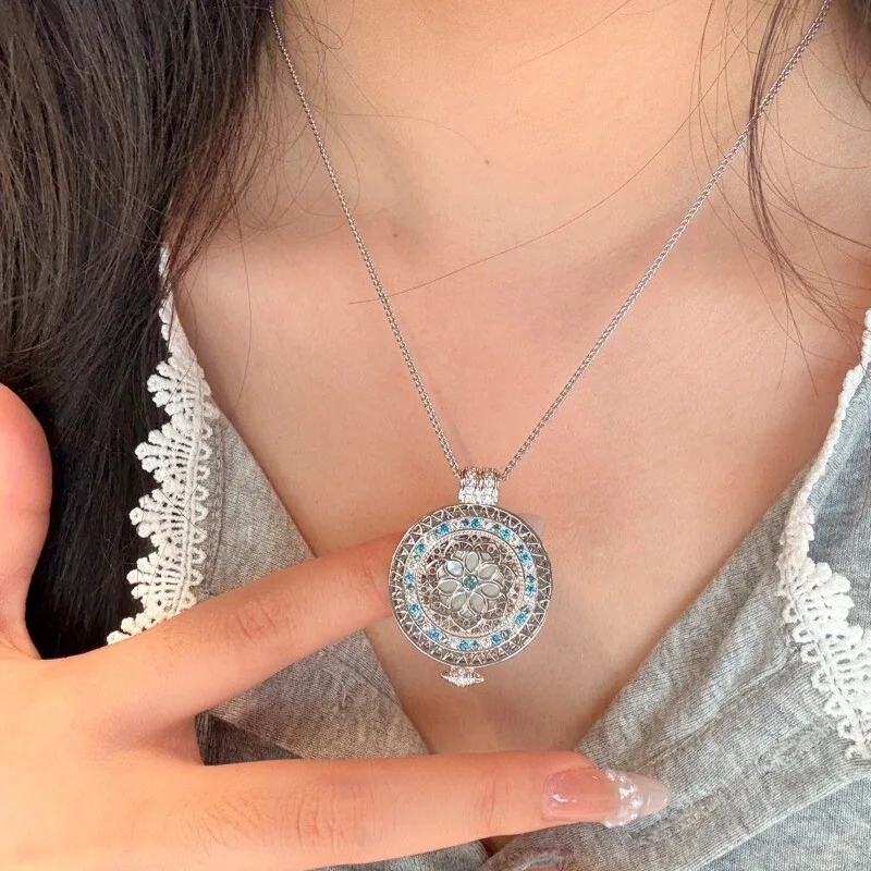 Vintage Full Diamond Paraiba blue Rose flower Double sided Necklace Luxury Exquisite Hollow out Collar Chain Jewelry Gift