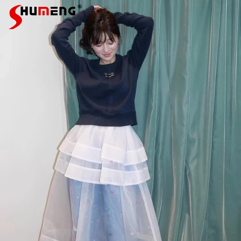 

Japan Style Sweet Jacquard Navy Blue Sweater 2026 Spring Women's Slim Fit Casual Sweater Lady Daily Basic Knitted Top Pullover