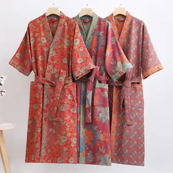 Couple's Dressing Gowns Vintage Print Loungewear Double Layer of Cotton Bathrobes Women's Pajamas Absorb Water and Dry Quickly