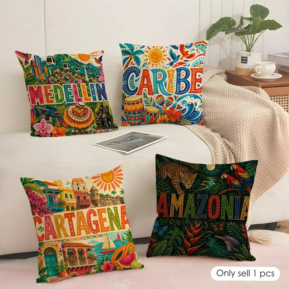 Colombia Folk Travel Cushion Cover Soft Short Plush Pillow Cover Smooth Cozy Texture Aesthetic Cushion Case Home Decor