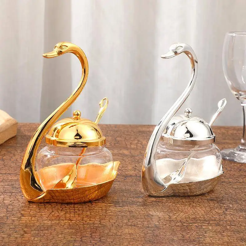 

Elegant European T101 Gold Swan Sugar Bowl New Flavor Adjustment Home Hotel Alloy Glass Zinc Direct Supply Seasoning Bottle