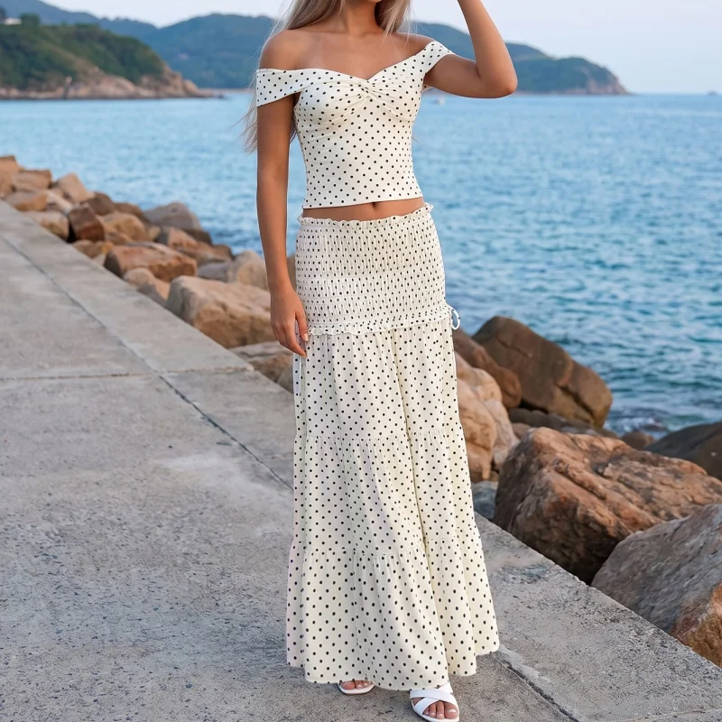Women's Boho Polka Dot 2 Piece Outfits Off Shoulder Crop Top and Smocked Tiered Maxi Skirt Set Summer Beach Vacation Dress