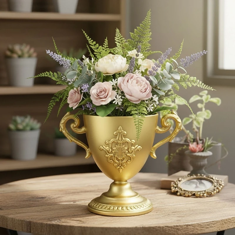 Decorative Metal Planter, Winner Cup Pedestal Pot with Scroll Handles for Tabletop Plant and Flower Arrangement Display D2RD