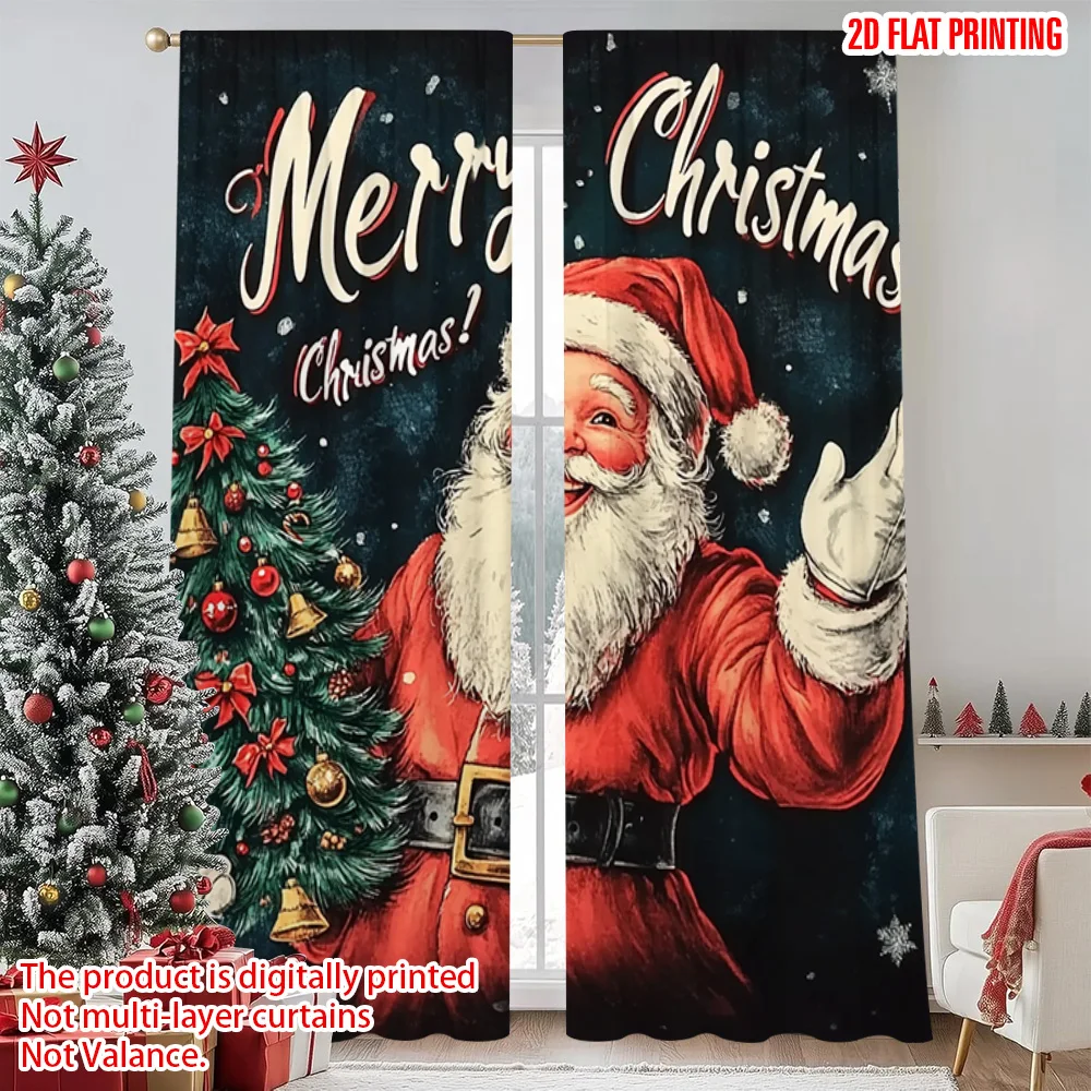 

2pcs 2D flat printing Christmas Window Drapes Merry Christmas Santa Claus Versatile Fabric Without Electricity Festive Holiday