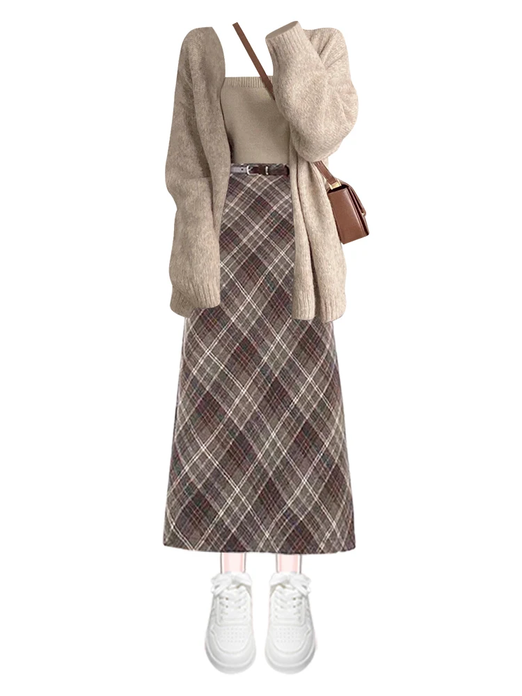 Korean Sle Unique Super Beautiful Knitted Open Cardigan Plaid  Skirt Set Simple Chic Winter Faion Women's Ensemble