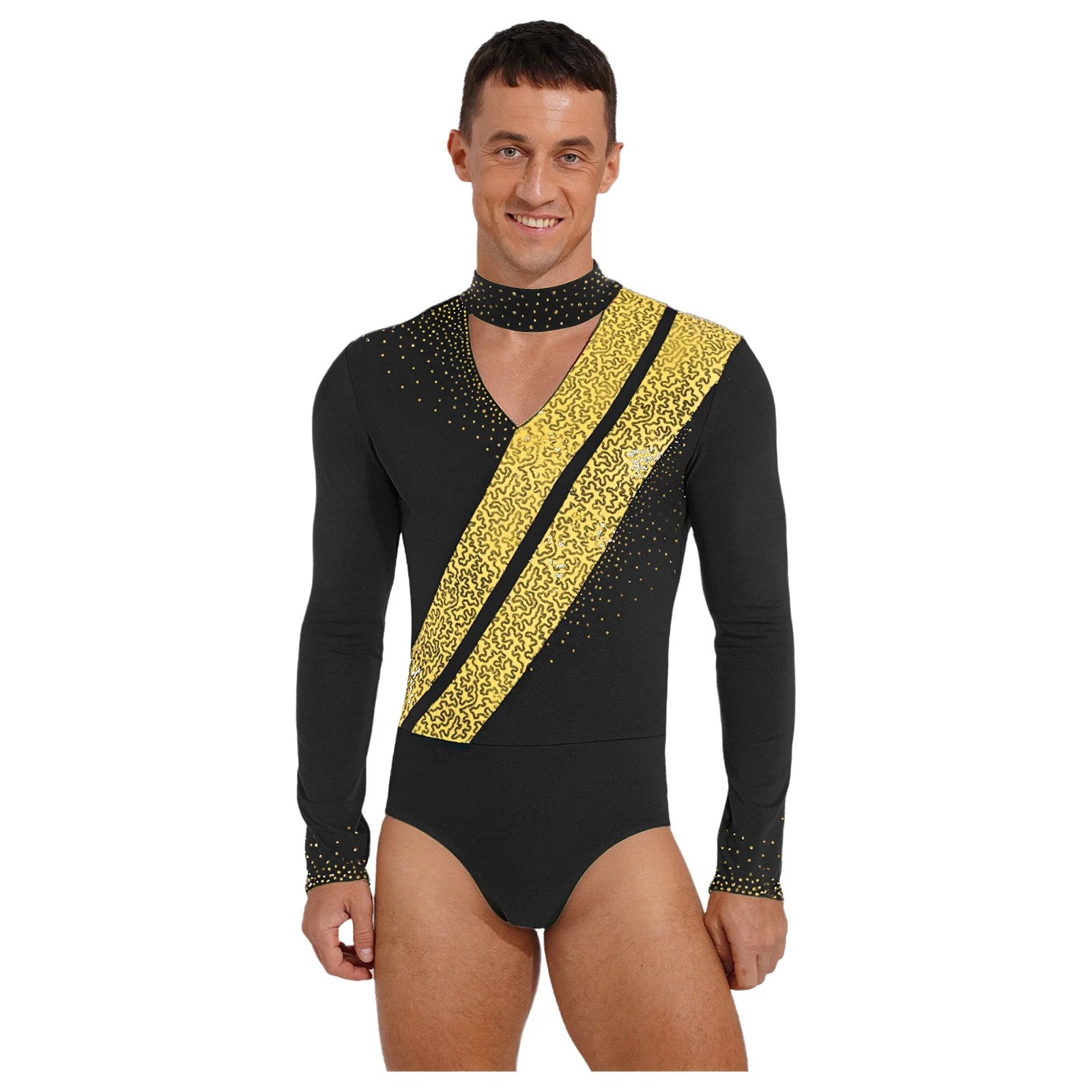 

Adults Mens Figure Skating Dance Bodysuit Hollow V Neck Long Sleeve Openable Crotch Leotard Jumpsuit for Gymnastics Ballet Dance