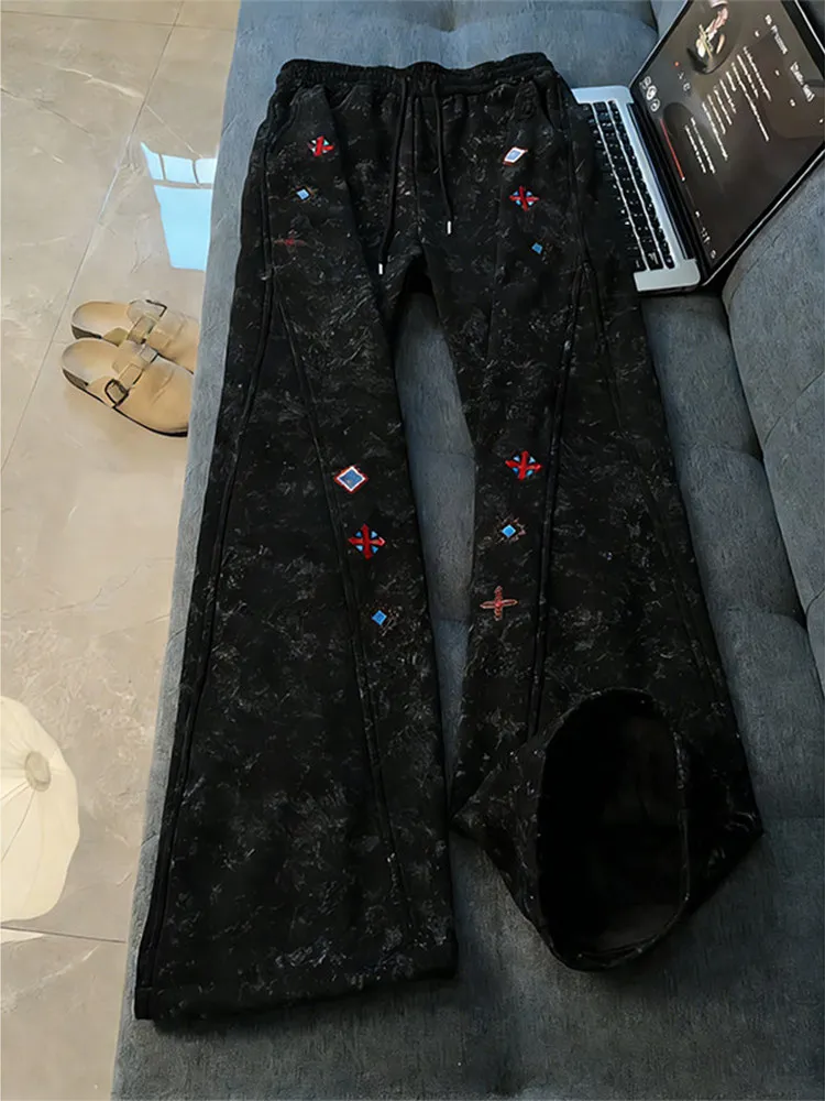 

Bla Fce Lined Embroidered Tie Dye Sports Casual Wide Leg Pants Men's Straight Cut Knife Sweatpants High End Feel