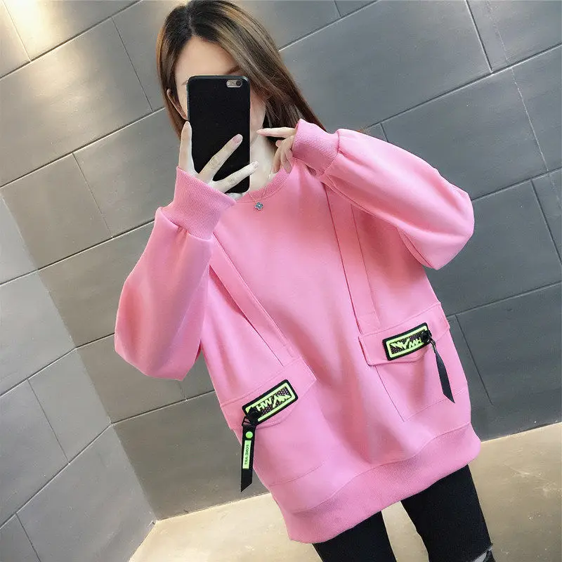 2023 New Spring and Autumn Youth Vitality Fashion Trend Round Neck Panel Pocket Zipper Loose Casual Super Oversized Sweater