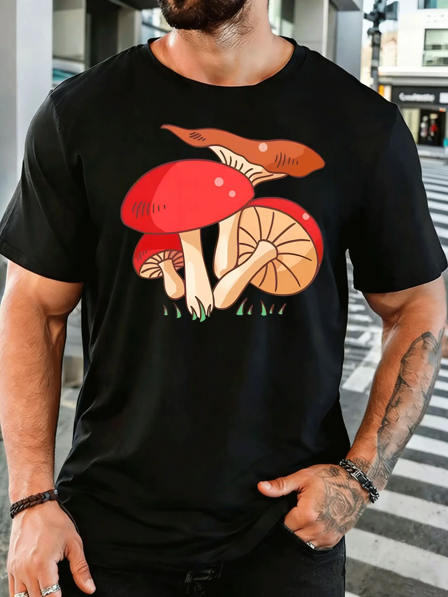 Cute Wild Red Mushrooms Cluster Men Front Print T Shirt Nature Fungi Graphic Tee Casual Short Sleeve Top Plant Nature Lover Gift