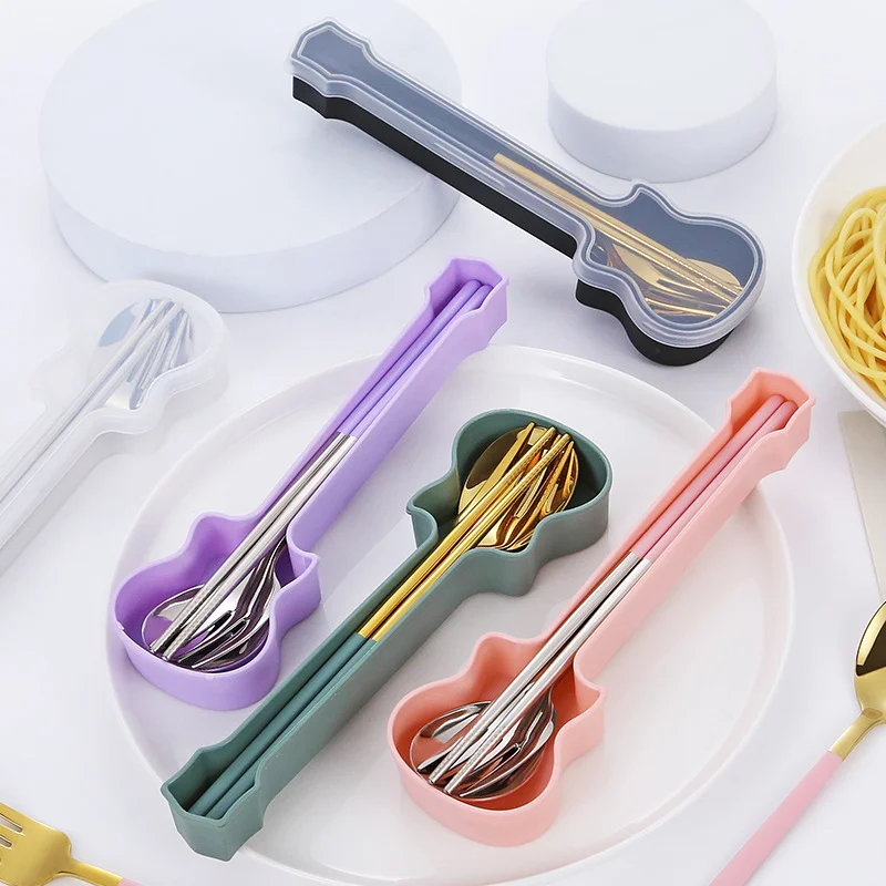 

New Guitar Portable Tableware 304 Stainless Steel Spoon Fork Chopsticks Three Piece Gift Set