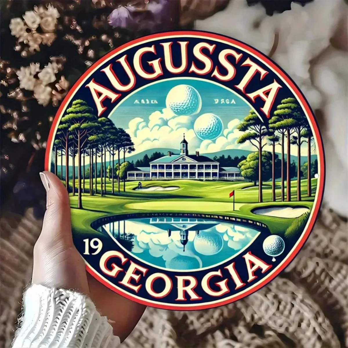 ديكور جولف عتيق - تصميم أوغوستا جورجيا مع إكليل الزهور وتصميم دورة الجولف المميزة، مثالي للمنزل والمكتب