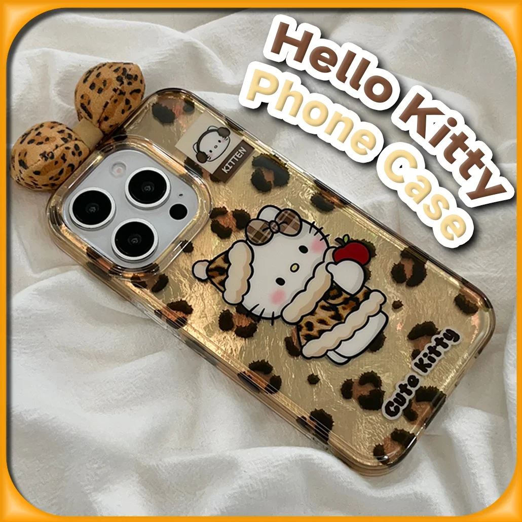 Kawaii Leopard Print Hello Kitty Phone Case for iPhone 16 15 14 13 Pro Max Sanrio Protective Cover with 3D Bow Tie Plush Doll