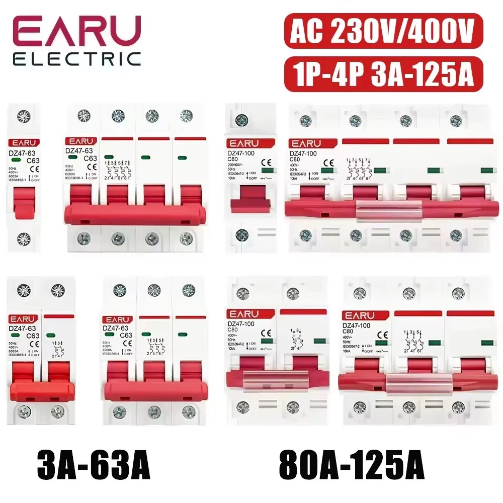 DZ47 1P 2P 3P 4P 3A-125A AC 230V 400V C Type Mini Circuit Breaker MCB Short Overload Protector Din Rail Mount Breaking Capacity