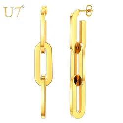 U7 Stainless Steel Triple Paper Clip Loops Link Chain Dangle Earrings for Women Geometric Gold Color Daily Stylish Jewelry