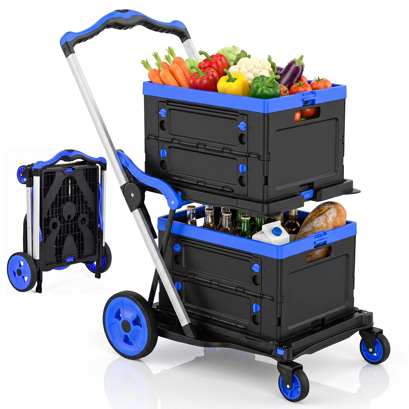 Foldable Shopping Cart 200 LBS Capacity Heavy Duty Grocery Cart with 2 Tier Collapsible Storage Crates, 360 Degree Braked Swivel Wheels Utility Trolley for Supermarket Warehouse Office Home Use