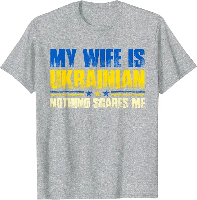 T-Shirt mit Aufdruck „Meine Frau ist Ukrainerin – Nichts macht mir Angst“ – Ukraina-Stolz-Flagge Y2K-Buchstaben Grafik-Slogan-T-Shirt – Herrenmode-Kleidung – Detail 7