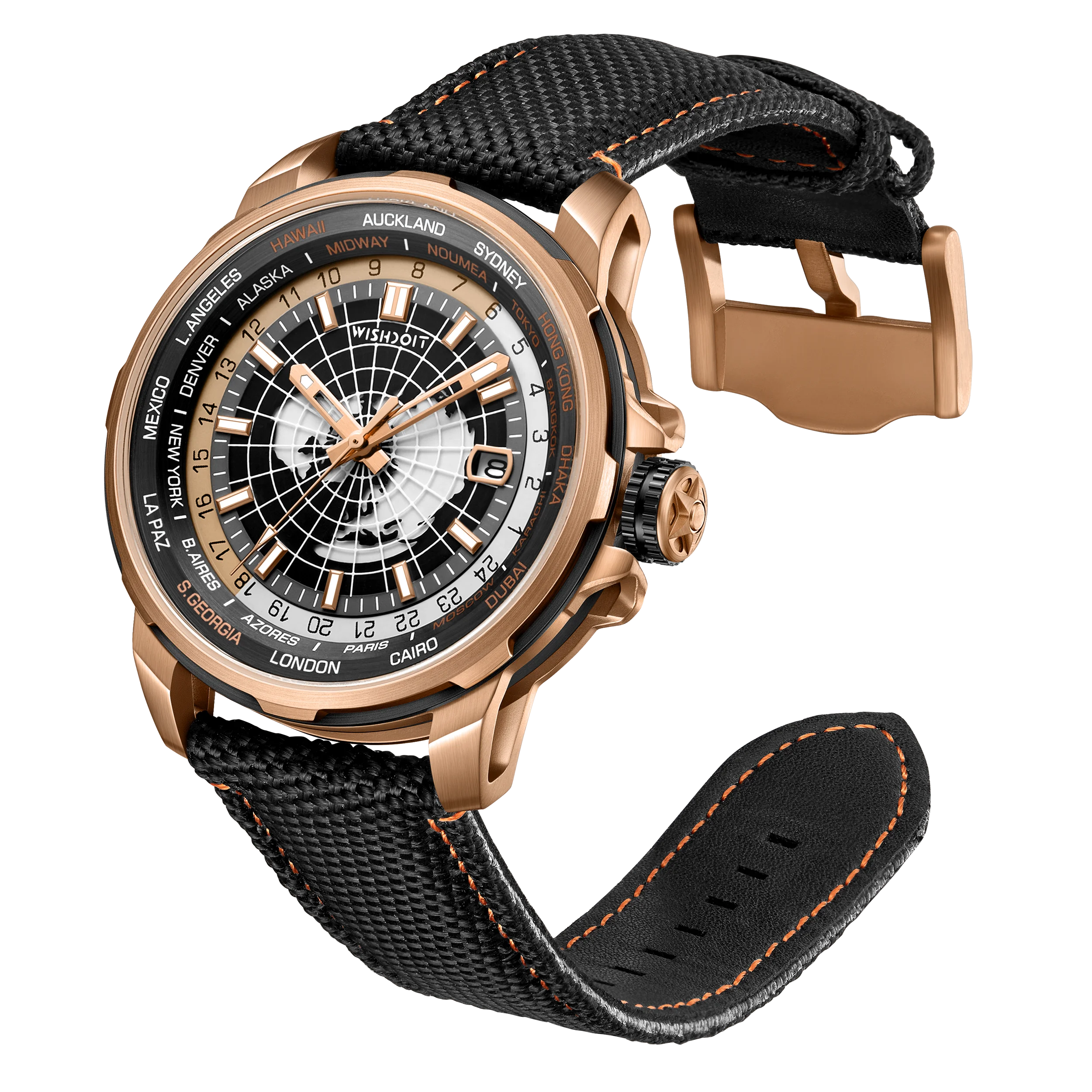 WISHDOIT NH34A GMT Automatic Mechanical Movement Advanced Business Watch Earth Dial Calendar Function With Backlight 5 ATM