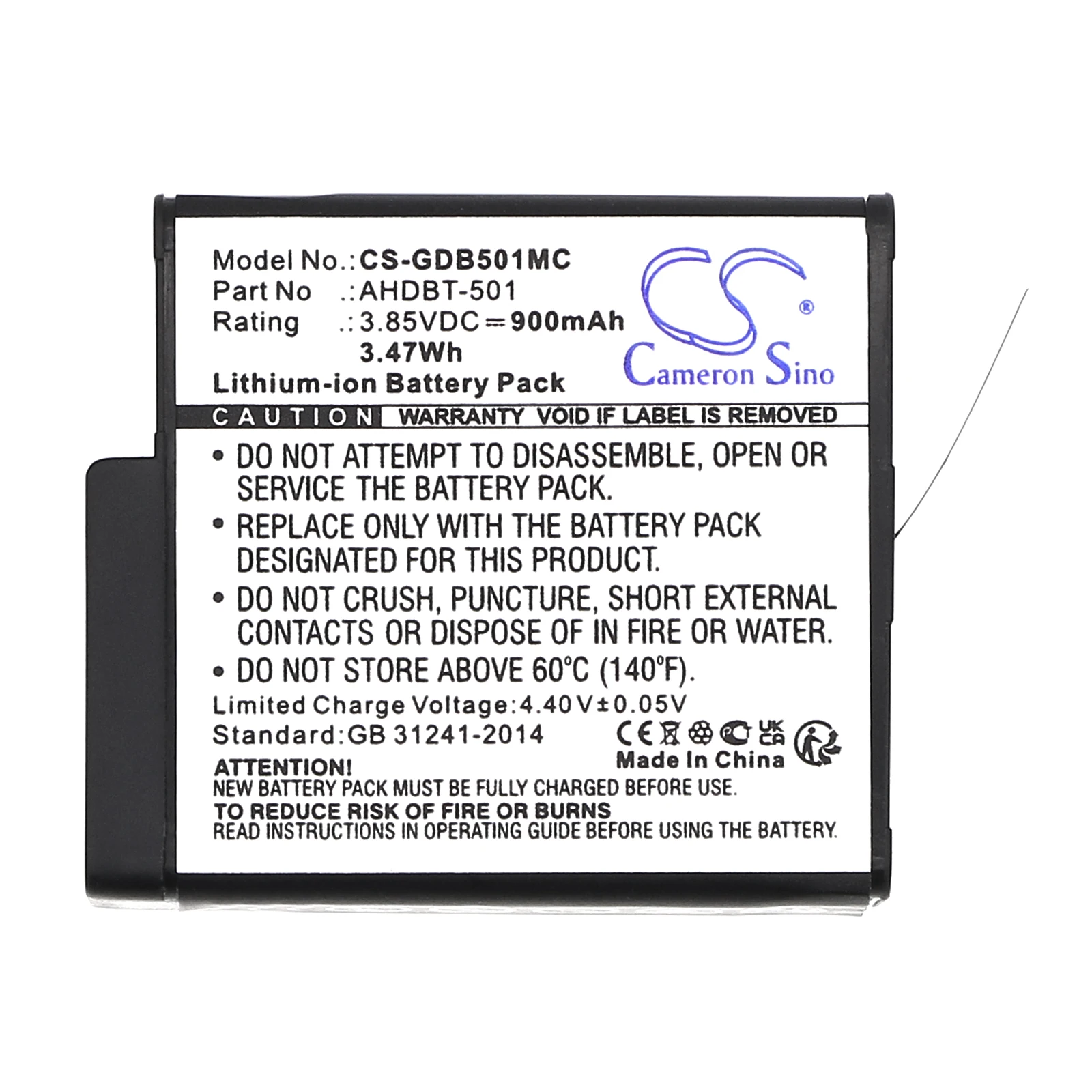Li-ion Camera Battery for GoPro, 3.85V, 900mAh, Compatible Models: 601-10197-00,  ASST1, CHDHX-501, HD8.01, Hero 2018,  Hero 8