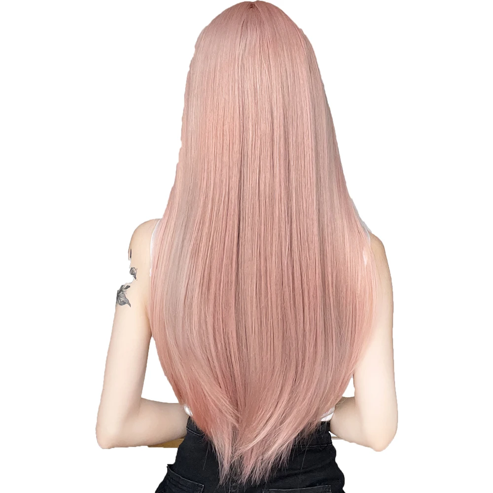 Rose pink wig female synthetic long hair natural air bangs long straight hair fashion jk suitable for female cosplay party