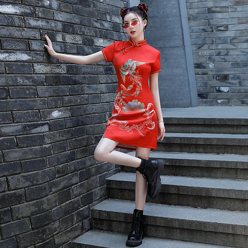 Red National Style Fashion Print Dress Women Spring Summer Cheongsam 2024 Modern Improve Vintage Elegant Slim Girl Chinese Qipao