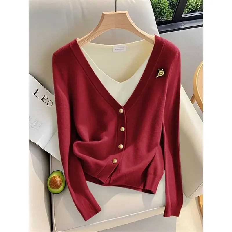 2024 Autumn New Fake Two Pieces Knitting Cardigan Interior Lapping Bottoming Shirt Ladies Simplicity Patchwork V-neck Sweater