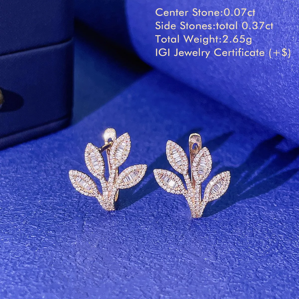 18K Rose Gold Natural Diamond Earrings Round and Baguette Natural Diamond Earrings Leaf Shaped Natural Diamond Stud Earrings